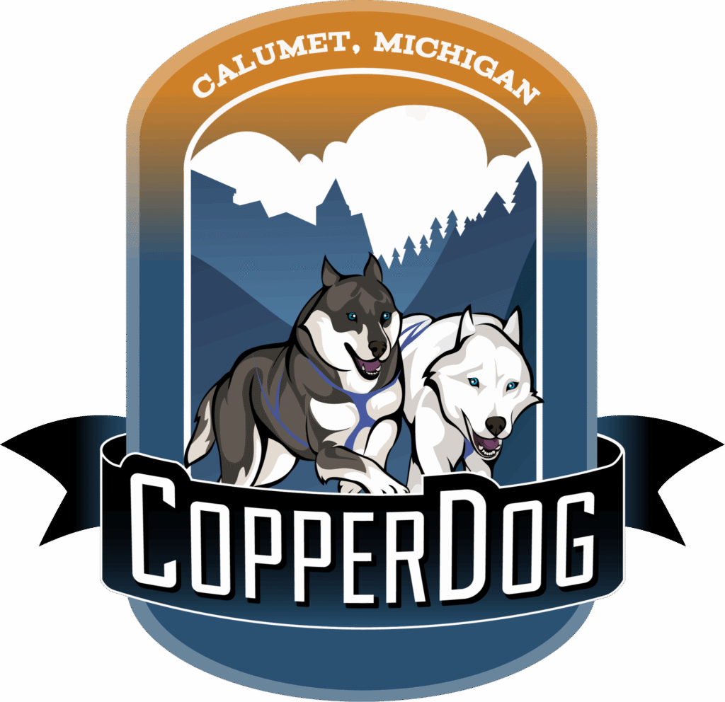 CopperDog sled-dog race logo featuring huskies and the Kewe