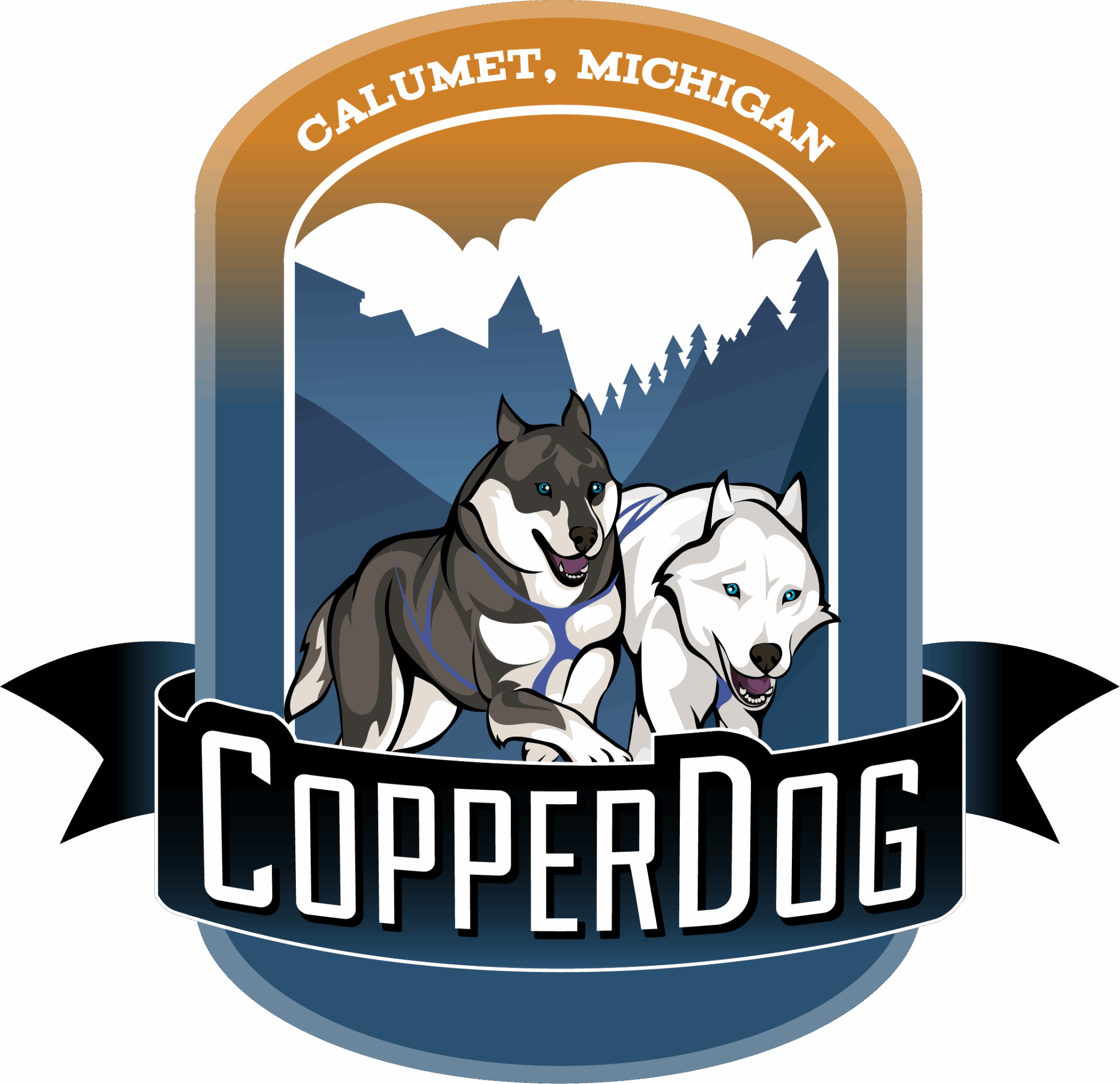 CopperDog sled-dog race logo featuring huskies and the Kewe