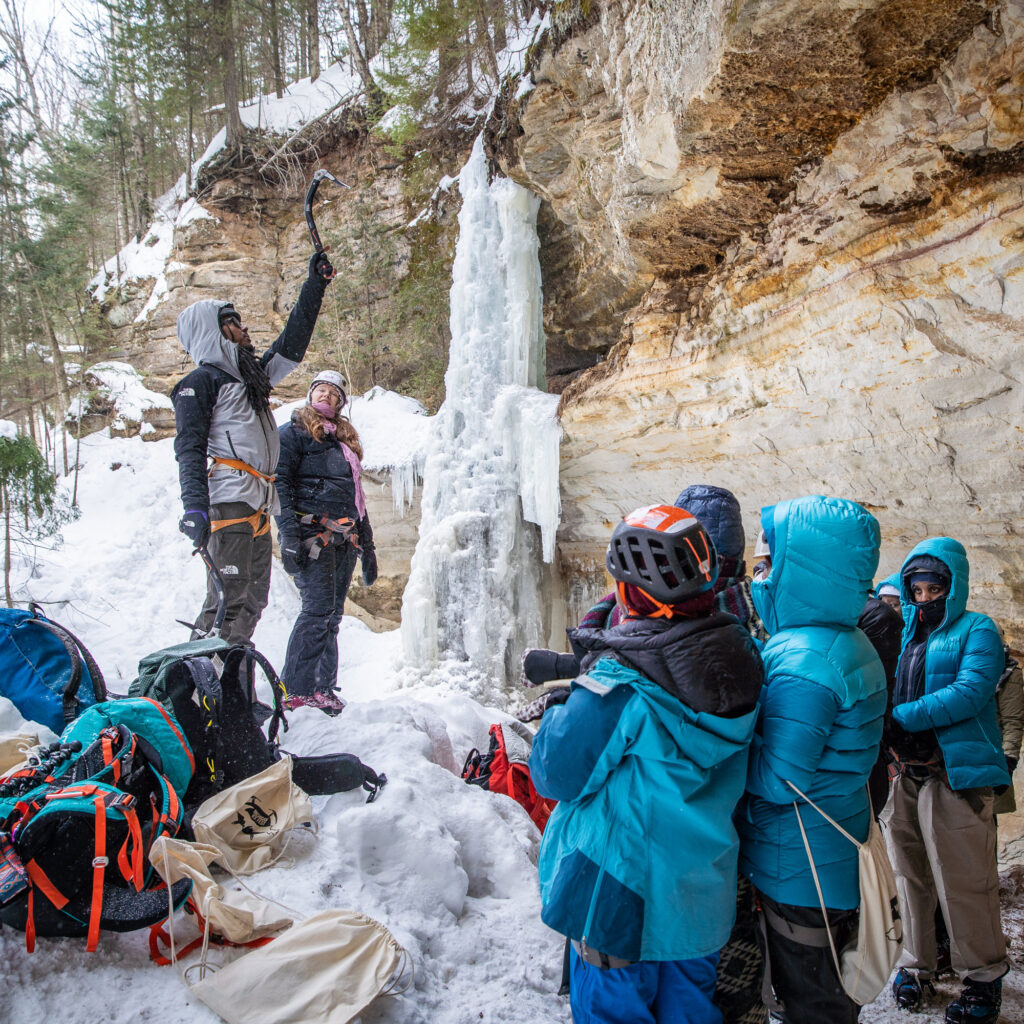 Ice climbers learning at Michigan Ice Fest near Pictured Rocks